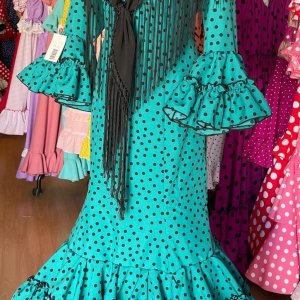 TRAJE DE FLAMENCA LUNAR NEGRO FONDO AGUA .MODELO HINOJO